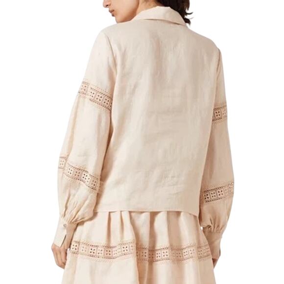 Keepsake Linen Lace Button-Up Blouse XS Tan Long Sleeve Resort NWT - Picture 2 of 7